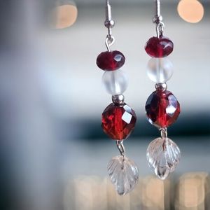 Silver, Garnet, Quartz and Red Crystal Handcrafted Beaded Earrings